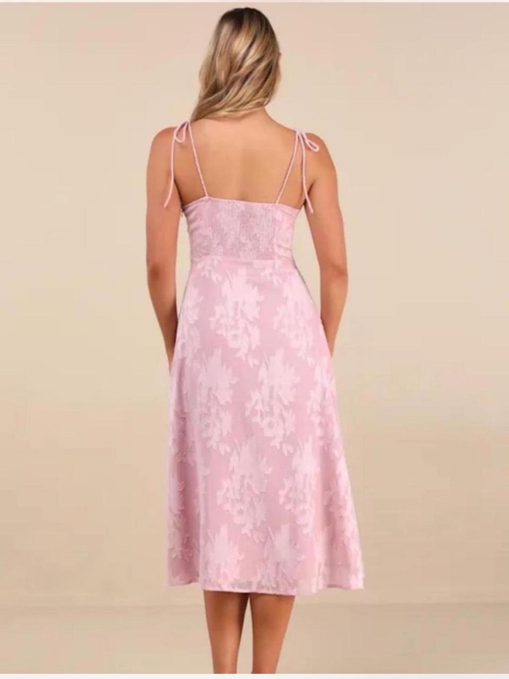 Lulus Lovelies Looks Blush Pink Floral Jacquard Tie Strap Midi Dress - Picture 2 of 4